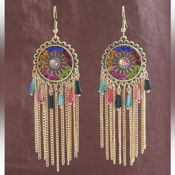 New Gorgeous Rhinestone Decor Metal Tassel Drop Earrings multicolor - Picture 2 of 6